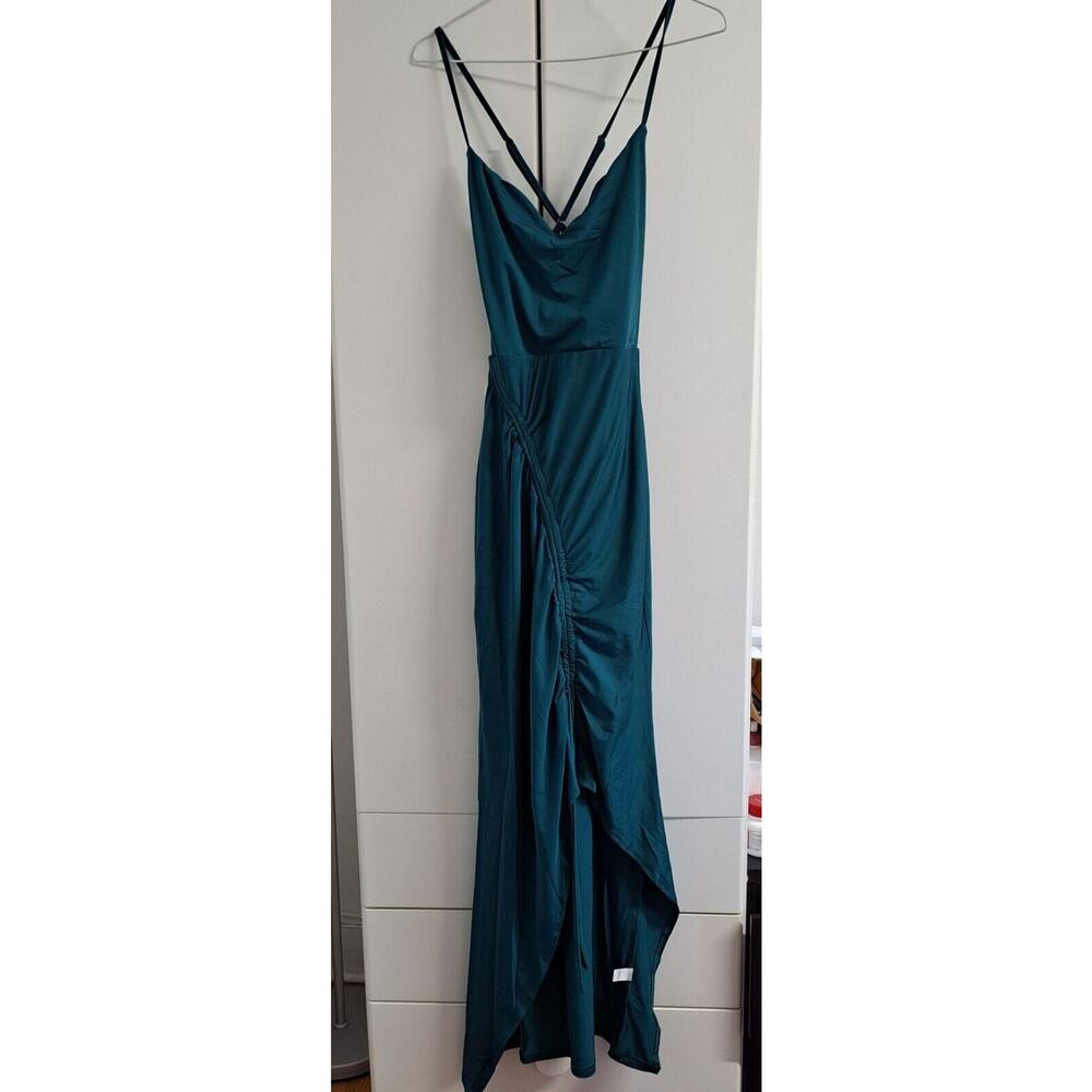Women's Sexy Spaghetti‎ Strap Ruched Backless Side Slit V Neck Maxi Dress XS